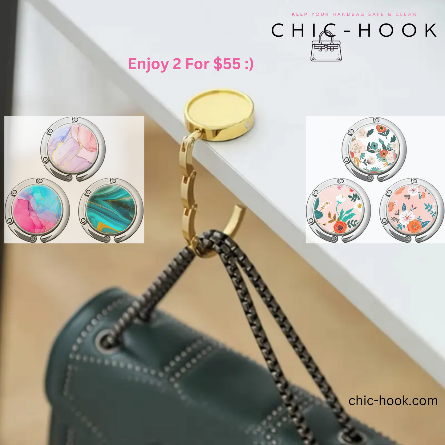 Handbag Table Hooks - Chic-Hook Bundle in Deep Mix & Peach Flowers